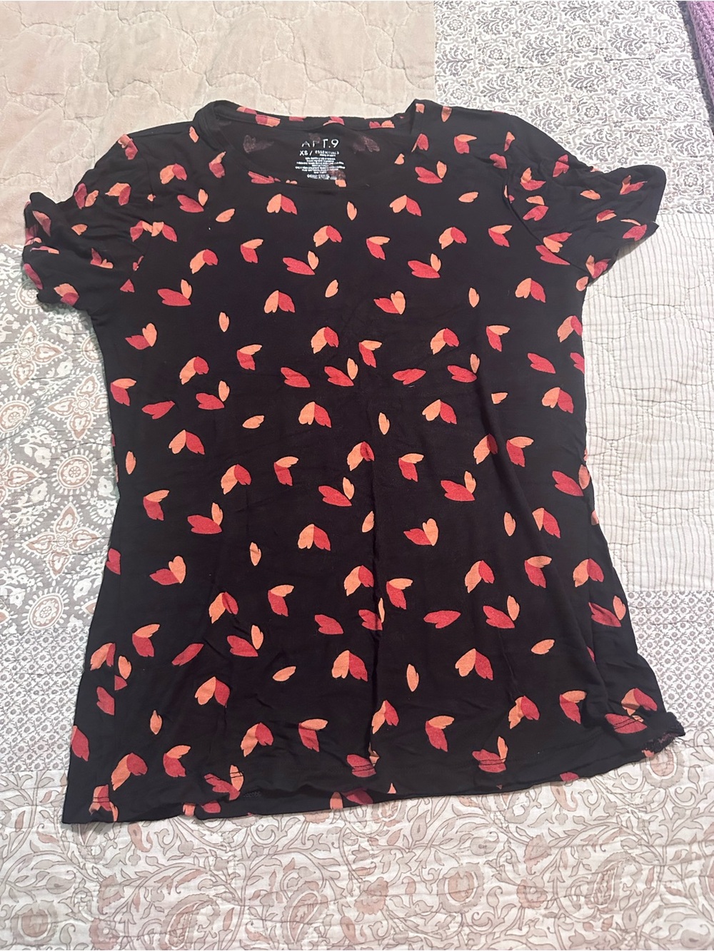 Apt. 9 Black Short-Sleeve Tee with Red and Orange Petal Print